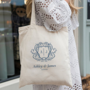 Tote Bag Mariage à crête de monogramme en acier bleu de Ros
