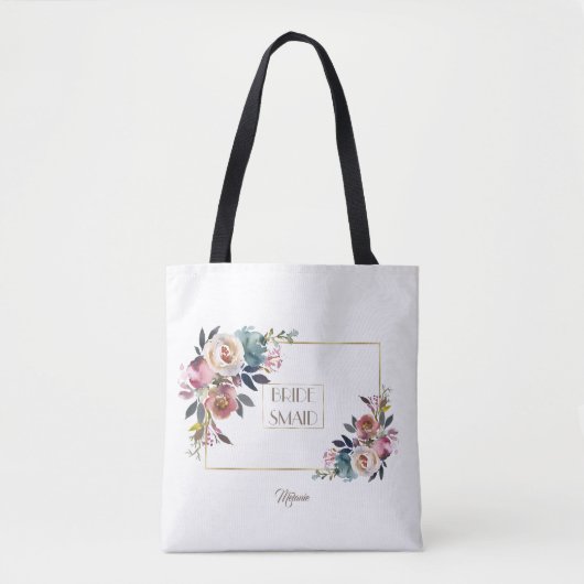 Tote Bag Mariage à fleurs dorées bleu rose rose (Devant)