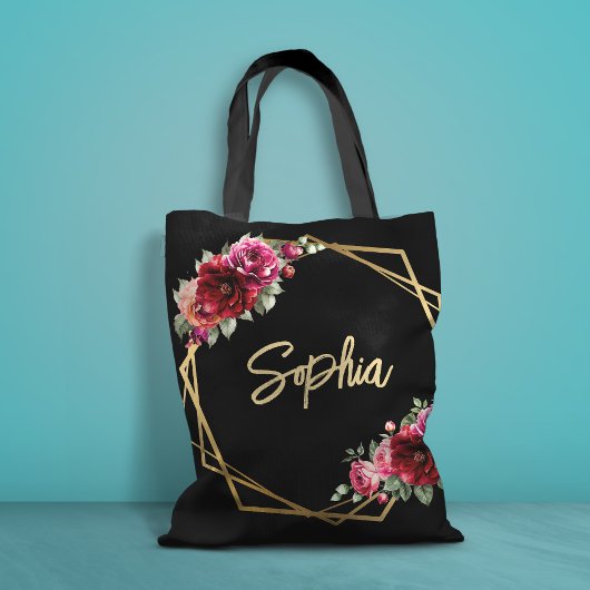 Tote Bag Mariage à fleurs noir rouge chic
