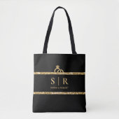 Tote Bag Mariage à monogramme avec paillettes Noir & Or (Devant)