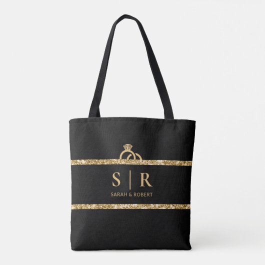 Tote Bag Mariage à monogramme initial à paillettes noir et  (Dos)