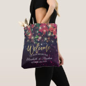 Tote Bag Mariage Bienvenue Bourgogne Rouge Floral Lumières (De près)