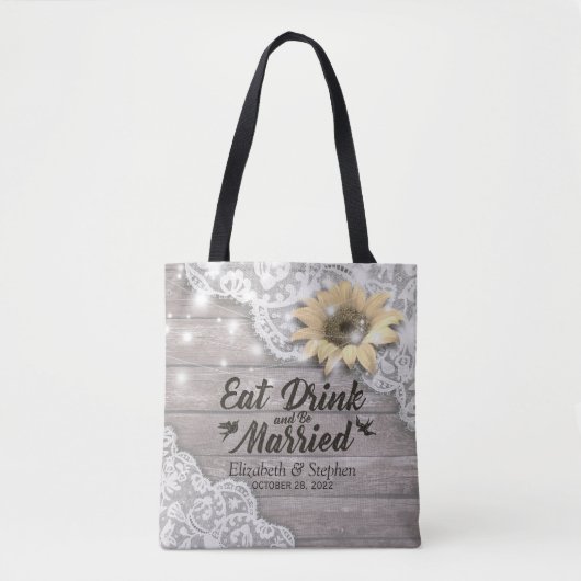 Tote Bag Mariage Bienvenue Dentelle Tournesol Rustique Lumi (Devant)
