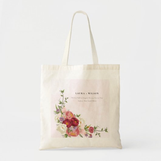 Tote Bag Mariage Boho rouge rose vif Fleurs blanches (Devant)