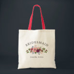 Tote Bag Mariage Bridesmaid<br><div class="desc">Sac fourre-tout Bridesmaid avec des polices élégantes et un joli bouquet de fleurs aux roses roses et hydrangées bordeaux. Ajoutez aussi le nom de votre servante d'honneur !</div>