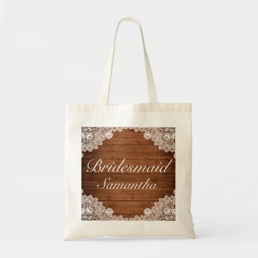 Tote Bag Mariage Bridesmaid en bois rustique et dentelle bl (Devant)