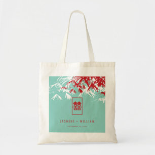 Tote Bag Mariage chinois Turquoise Bambou Feuille Double Xi