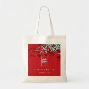 Tote Bag Mariage chinois Turquoise Bambou Feuille Double Xi