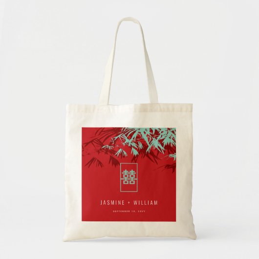 Tote Bag Mariage chinois Turquoise Bambou Feuille Double Xi (Devant)