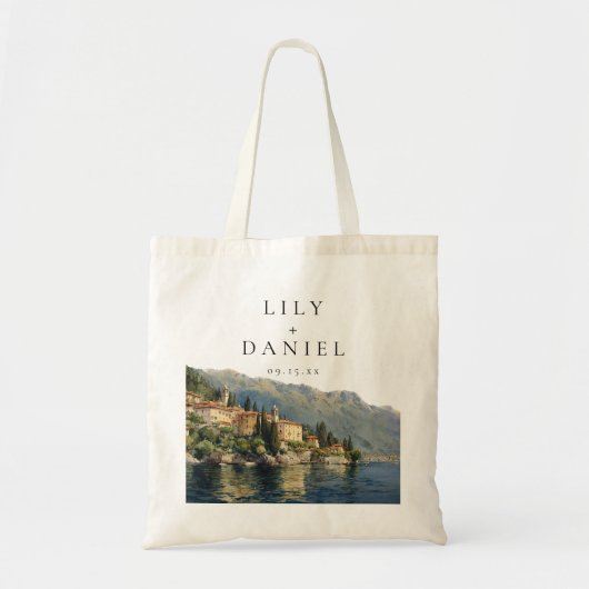 Tote Bag Mariage de destination à l'aquarelle du lac de Côm (Devant)