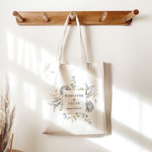 Tote Bag Mariage de monogramme floral argenté