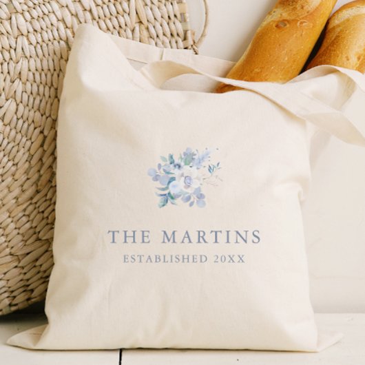 Tote Bag Mariage de nom personnalisé Chic Blue Floral