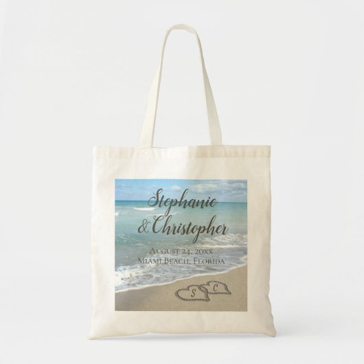 Tote Bag Mariage de plage Coeurs Monogrammes dans le sable (Devant)