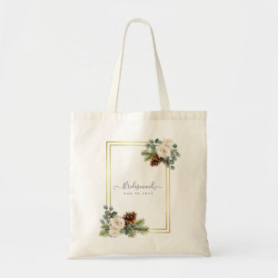 Tote Bag Mariage d'hiver Roses blanches Or Dusty Bleu