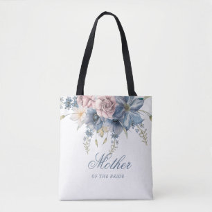 Tote Bag Mariage élégant bleu Dusty et floral Mauve