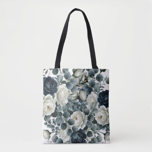Tote Bag Mariage Fleurie Moderne Bleu Foncé & Blanc (Devant)