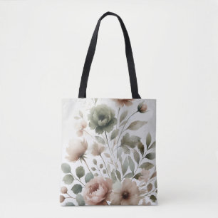 Tote Bag Mariage floral aquarelle poussiéreux olive et rose