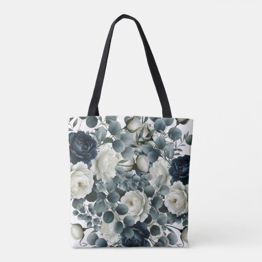 Tote Bag Mariage floral moderne bleu foncé et blanc (Dos)