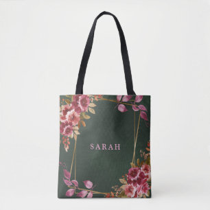 Tote Bag Mariage floral vert et bordeaux géométrique or