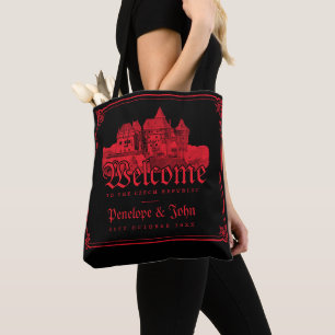 Tote Bag Mariage Gothique Vampire Château Bordure Noir Roug