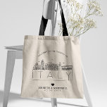 Tote Bag Mariage italien | Skyline stylisée<br><div class="desc">Un sac fourre-tout mariage unique pour un mariage qui se déroule dans le beau pays de l'Italie. Cette fourre-tout présente une illustration stylisée de l'horizon unique de la ville avec son nom en dessous. Ceci est suivi par vos informations de jour de mariage dans un style ouvert assorti.</div>