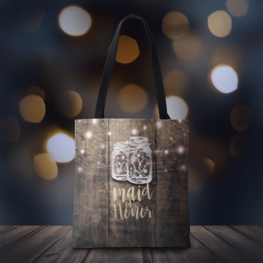 Tote Bag Mariage Maid of Honor Wood Mason Jar String Lumièr