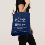 Tote Bag Mariage nautique Bienvenue Merci Hôtel Personnalis<br><div class="desc">Votre mariage et les invités hors de la ville se sentiront spéciaux avec cet accueil nautique / merci sac fourre-tout avec une ancre blanche. Personnalisez le sac en ajoutant votre emplacement mariage, 2 lignes de texte personnalisé et vos noms. Changez facilement la couleur du sac pour correspondre à vos couleurs...</div>