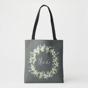 Tote Bag Mariage personnalisé vert Snowberry+Eucalyptus
