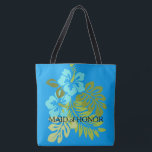 Tote Bag Mariage Tropical Beach Maid d'honneur nom personna<br><div class="desc">Sacoche de mariage moderne Tropical Beach. Plantes tropicaux,  fleurs,  hibiscus,  bleu de l'océan,  Maid of Honor,  nom à l'arrière. Vous pouvez facilement changer le nom à l'arrière.</div>
