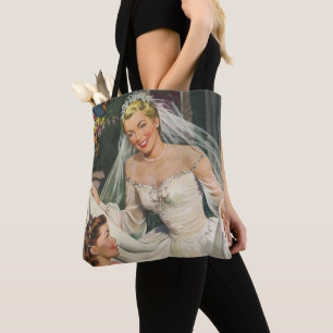 Tote Bag Mariage Vintage, Mariée Rétro avec Fille aux Fleur