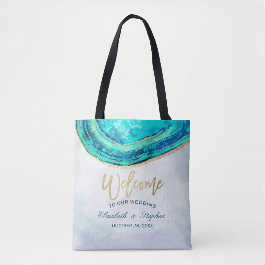 Tote Bag Mariage Welcome Aquarelle Turquoise et Gold Agate  (Devant)