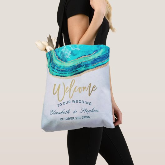 Tote Bag Mariage Welcome Aquarelle Turquoise et Gold Agate  (De près)