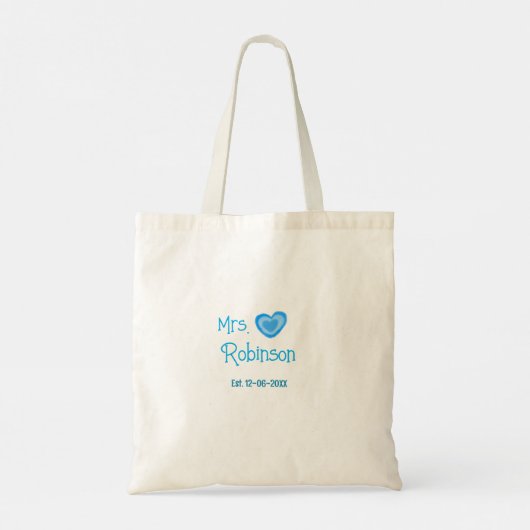 Tote Bag Mariée à être Mme ajouter nom date coeur bleu wate (Dos)
