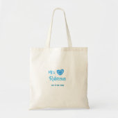 Tote Bag Mariée à être Mme ajouter nom date coeur bleu wate (Devant)