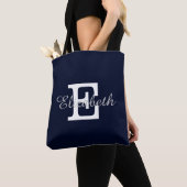 Tote Bag Mariée monogramme bleu et blanc de la marine (De près)