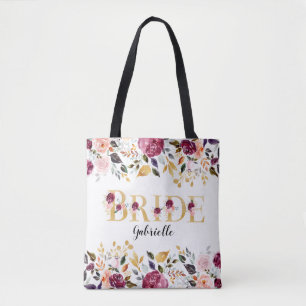 Tote Bag Mariée Or Bourgogne Blush Floral Mariage