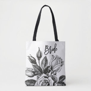 Tote Bag Mariée Roses de thé vintages en noir et blanc