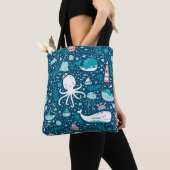 Tote Bag Marine Bleu et blanc Motif de l'océan marin (De près)