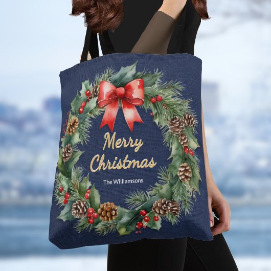 Tote Bag Marine Bleu Festif de Noël Wreath Élégant Personna