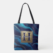 Tote Bag Marine Blue Agate Marbre Gold Nom et Monogramme (Dos)