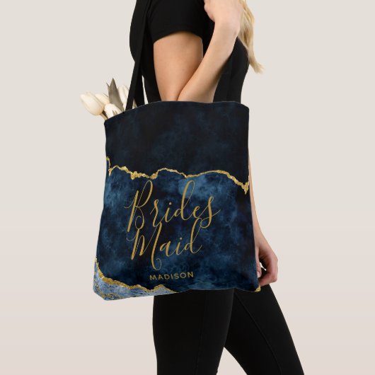Tote Bag Marine Blue & Gold Foil Agate Marbre Bridesmaid (De près)