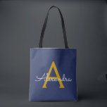 Tote Bag Marine Blue Gold Nom Girl Script Monogramme Modern<br><div class="desc">Navy Blue and Gold Elegant Ajoutez votre propre nom Monogram Book Bag. Ce sac de livre peut être customisé pour inclure votre nom initial et prénom et donné comme cadeau pour Noël,  Sweet 16 Anniversaire,  Fête des mariées ou Mariage.</div>