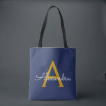 Tote Bag Marine Blue Gold Nom Girl Script Monogramme Modern<br><div class="desc">Navy Blue and Gold Elegant Ajoutez votre propre nom Monogram Book Bag. Ce sac de livre peut être customisé pour inclure votre nom initial et prénom et donné comme cadeau pour Noël,  Sweet 16 Anniversaire,  Fête des mariées ou Mariage.</div>