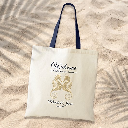 Tote Bag Marine Blue Gold Seahors Mariage Bienvenue
