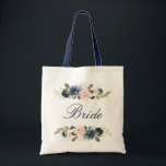 Tote Bag Marine et mariée florale rose vif<br><div class="desc">Un joli sac fourre-tout de mariée fleurie. Il a bleu marine et rose rose blush et vous pouvez personnaliser le texte et les couleurs.</div>