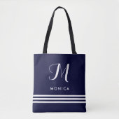 Tote Bag Marine et rayures et monogramme sophistiqués (Devant)