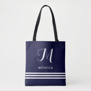 Tote Bag Marine et rayures et monogramme sophistiqués