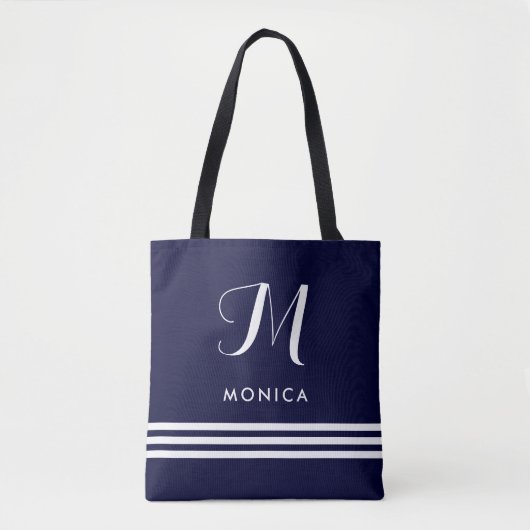 Tote Bag Marine et rayures et monogramme sophistiqués (Devant)