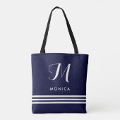 Tote Bag Marine et rayures et monogramme sophistiqués (Dos)