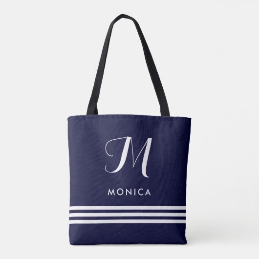 Tote Bag Marine et rayures et monogramme sophistiqués (Dos)